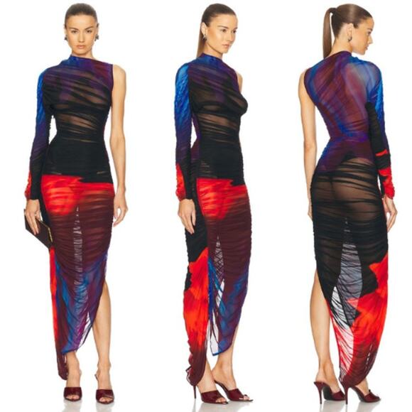 Mugler | NWT One Shoulder Asymmetric Ruched Dress Print Blue & Red FR 36 / US 4 - Picture 3 of 16